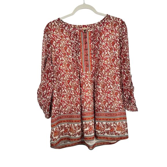 Meadow Rue Anthropologie Orange Floral Roll Tab Sleeve Blouse Boho Womens Large - Picture 1 of 6